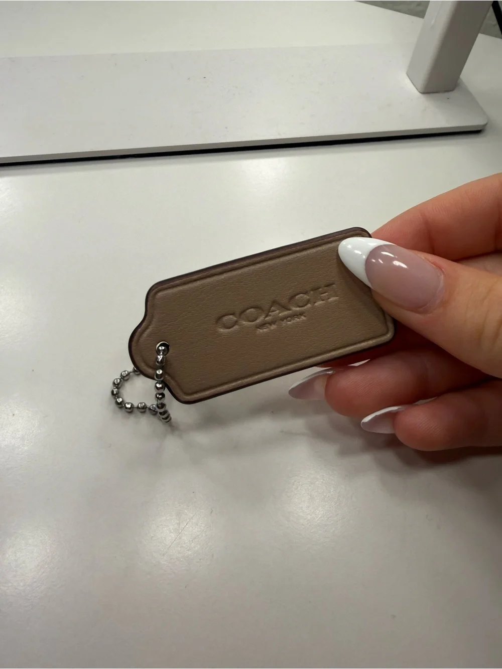 Coach Taupe Leather Tag Keychain with Silver Chain